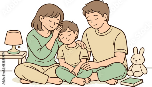 Soothing Bedtime Moment. Parents gently helping their tired child relax, seated together with soft body language and reassuring