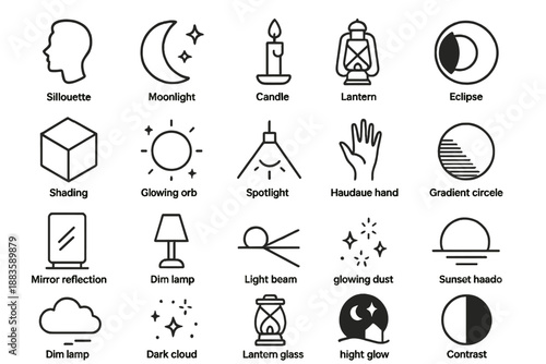 Shadow and Light Icons. Line style icons of shadow and light: silhouette, moonlight, candle, lantern, eclipse, shading form,