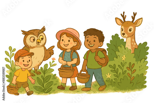 Nature Walk Adventure. Guided nature walk with a wise owl pointing at plants, children smiling with baskets, and deer peeking from