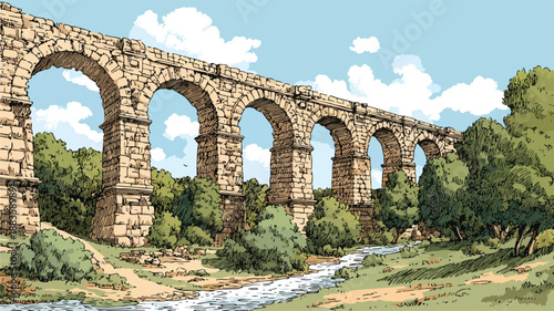 Roman Aqueduct Clipart Vector Art and Illustration with Intricate Design Details