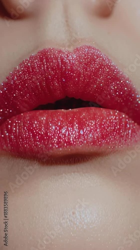 Pink glitter lips holding heart shaped candy for valentine romance sensual beauty close up
