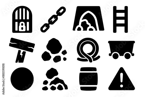 Forgotten Mine Icons. Solid style icons of Forgotten Shafts: Locked Gate, Rusted Chain, Collapsed Tunnel, Wooden Ladder, Cracked