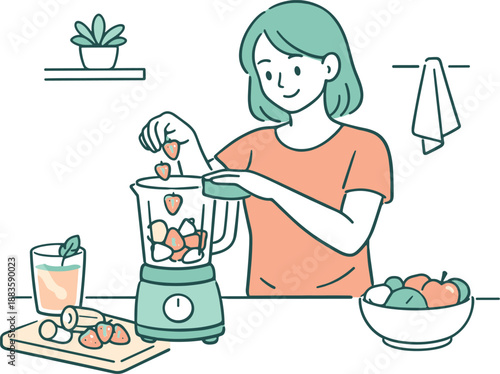 Fresh Smoothie Routine. Woman making a fresh smoothie as part of her daily routine, gentle movements as she adds fruit to a