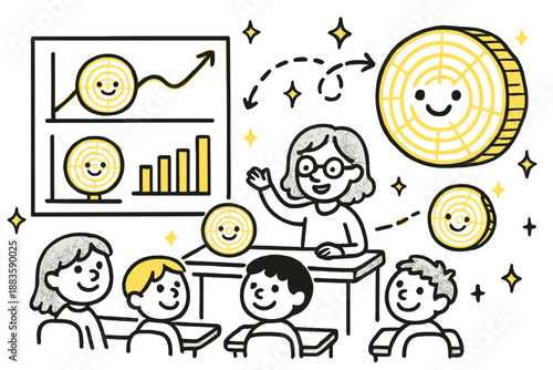 Whimsical Tree Dendrochronology. Whimsical doodle dendrochronology classroom with smiling students, cartoon tree slices with faces