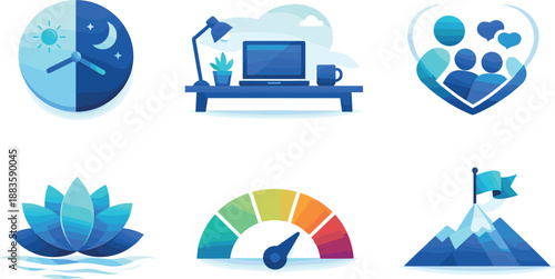 Work-Life Balance Symbols. Wellbeing-oriented composition expressing harmony between work and personal life, six symbolic objects