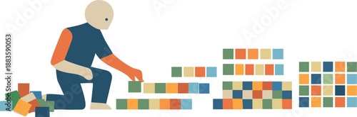 Abstract Geometric Harmony. Single abstract geometric human figure aligns multiple blocks into repeated sequential arrangement