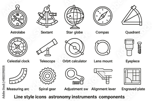 Astronomy Instruments Icons. Line style icons of astronomy instruments: astrolabe, sextant, star globe, compass, quadrant,