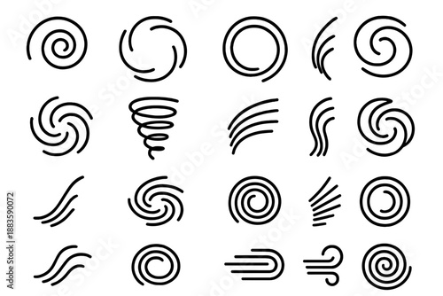 Vortex Pattern Icons. Line style icons of mountain exploration: climbing rope, ice axe, hiking boot, compass, tent, map, ridge