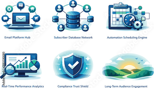 Email Marketing Ecosystem. End-to-end email marketing ecosystem illustration showcasing scalable communication growth, six