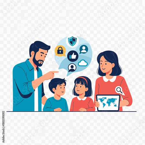 Family discussing online safety and global connectivity.