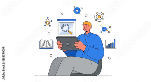 Person using laptop with scientific icons and data visualization.