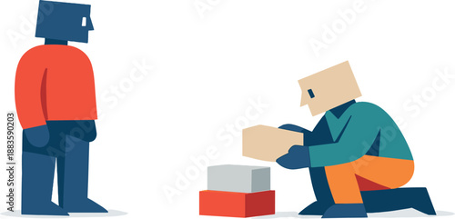 Image Generation. Second abstract geometric human figure appears removing or consolidating one block while first observes, showing