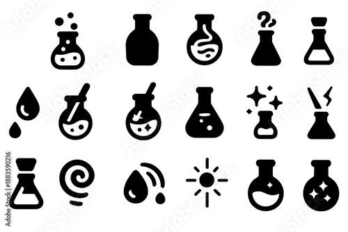 Magical Potion Essence. Solid style icons of Potion Craft: bubbling liquid, glass bottle, swirling mist, vapor line, measured drop