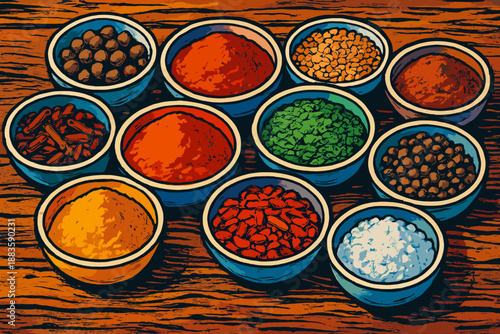 Vibrant Spice Selection. Colorful selection of spices arranged in small bowls on a rustic wooden surface, vibrant and bold tones,