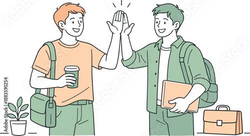 Friendly Afterwork Greeting. Two friends greeting each other after a workday, clean flat line illustration showing casual smiles