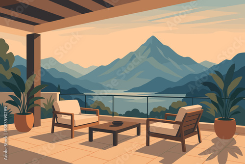 Scenic Mountain Patio. Luxurious patio with a scenic mountain view, soft natural lighting, modern design, and tranquil vector