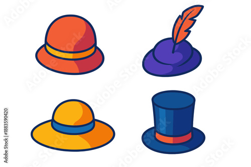 Vintage Hat Styles. Isometric vector illustration set Vintage Hat Styles: Cloche hat, feathered fascinator, wide-brimmed sunhat,