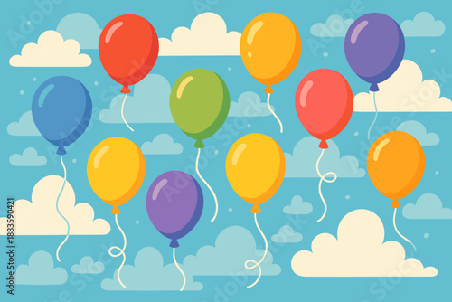 Whimsical Balloon Sky. Playful illustrated scene of a cloudy blue sky with vector illustration colorful floating balloons,