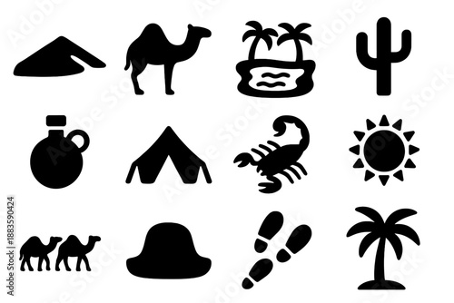 Desert Adventure Icons. Solid style icons of Desert Journey: Sand Dune, Camel, Oasis, Cactus, Water Flask, Desert Tent, Scorpion,