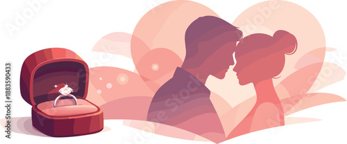 Romantic Proposal Silhouettes. Abstract romantic moment expressed by an opening ring box and two connected silhouettes, modern