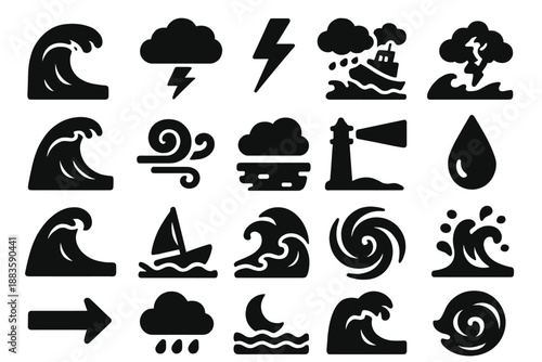 Stormy Ocean Icons. Solid style icons of Stormy Ocean: crashing wave, thundercloud, lightning strike, ship in storm, tidal surge,