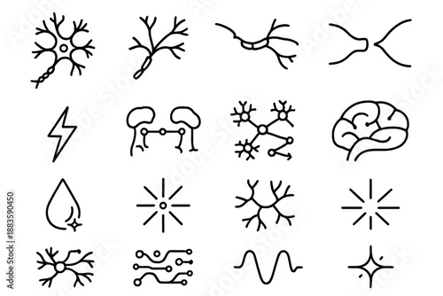 Neural Line Icons. Line style icons of neurons and synapses: neuron cell, dendrite, axon path, synaptic gap, electric pulse, brain