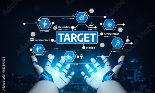 Photos Futuristic robotic hands extend towards a glowing target, surrounded by icons that symbolize achievement and perseverance, representing innovation in technology