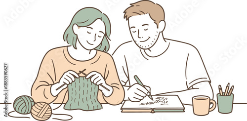 Partners Enjoying Hobbies. Partners spending time on a favorite hobby side by side, gentle focus and easy body language showing