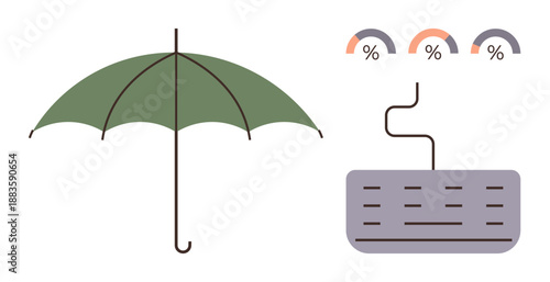 Business strategy, data protection, risk management, insurance coverage, financial planning, online security. Green umbrella, keyboard and percentage indicators. Business strategy and data