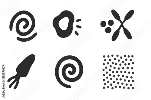 Microbial Art Icons. Solid style icons of haunted mushroom peaks: dark cap summit, spectral ridge, glowing stalk cliff, foggy