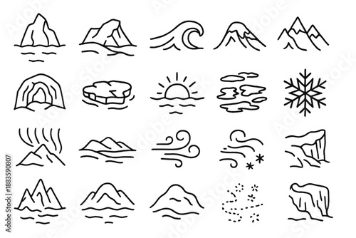 Polar Landscape Icons. Line style icons of Polar Landscapes: iceberg, glacier, snowfield, frozen wave, mountain ridge, ice cave,