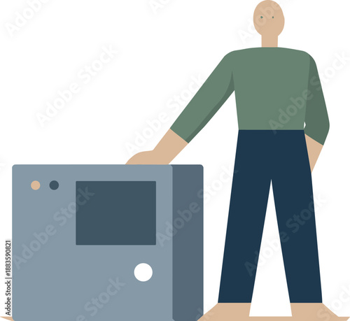 Image Generation. Calm abstract geometric human figure stands beside one intentionally simplified technology block in wide white