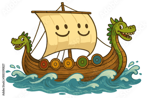 Grinning Viking Longship. Viking longship adventure with smiling sails, dragons on the prow grinning, and waves clapping along No