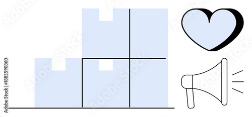 Logistics, charity, communication, marketing, love, delivery. Stack of boxes, heart shape and megaphone. Logistics and charity theme emphasizing delivery and outreach