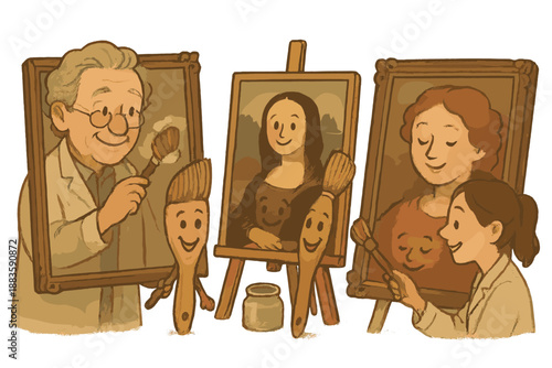 Joyful Art Restoration. Restoration studio with smiling old paintings, friendly brushes cleaning gently, and conservators working