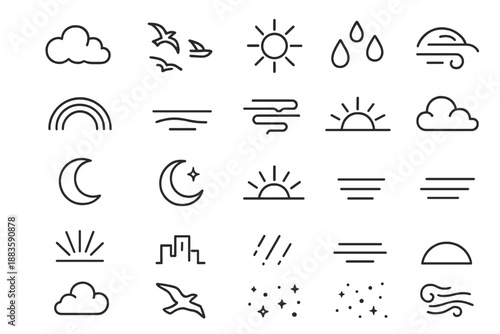 Sky Scenery Icons. Line style icons of sky scenery: cloud cluster, flying birds, sun rays, raindrops, rainbow curve, horizon line,