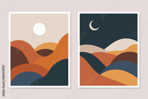 Abstract Mid-Century Modern Desert Landscape Art Set