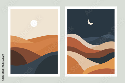 Abstract Landscape Art Day and Night Desert Scenery Illustration