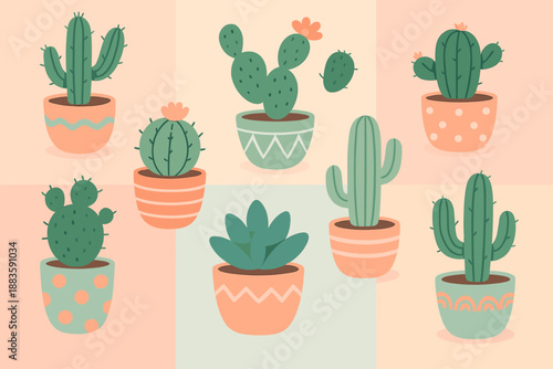 Playful Potted Cacti. Flat lay of playful potted cacti in colorful patterned pots, soft pastel tones, bright and cheerful, ideal