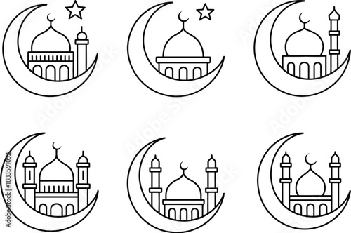 Collection of Elegant Islamic Mosque and Crescent Moon Icons for Ramadan and Eid Celebrations