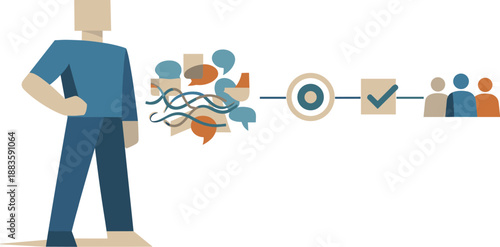 Image Generation. Calm abstract geometric human figure stands beside single aligned connection reframing online collaboration