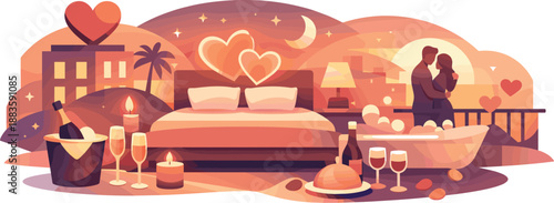Romantic Hotel Ambiance. Abstract romantic hotel scene built from glowing shapes, heart accents, and flowing warm light to evoke