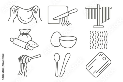 Pasta Prep Icons. Line style icons of Pasta Preparation: Dough Pulling, Knife Cutting, Hanging Rack, Ingredients; Rolling Pin,