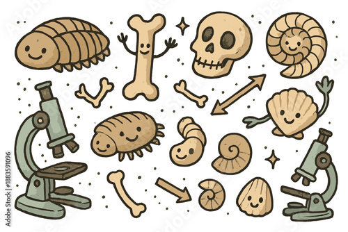 Playful Fossil Lab. Whimsical doodle taphonomy lab with smiling fossils, cartoon bones and shells waving, cheerful microscopes