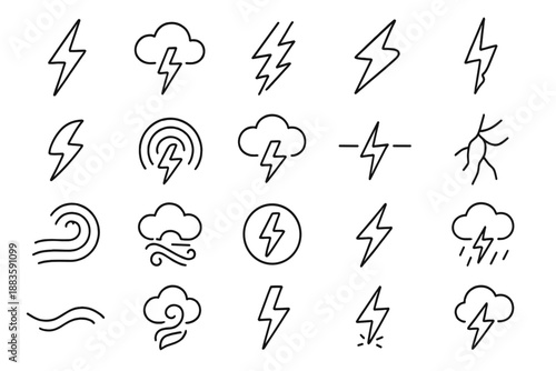 Thunderstorm Icon Set. Line style icons of thunder and storms: lightning bolt, cloud burst, rain streak, storm front, electric
