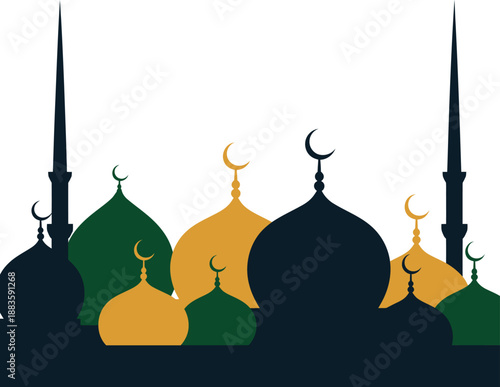 Islamic Mosque Silhouettes with Colorful Domes and Minarets