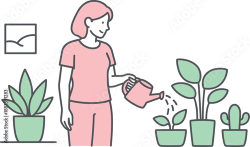 Calm Plant Watering. A woman stands near her house plants watering them calmly as part of a daily routine, minimalist flat line