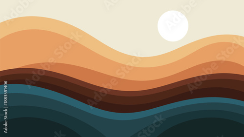 Tranquil vector landscape with layered mountains, ocean waves, and sun, minimalist art