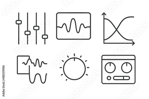 Audio Engineering Icons. Line style icons of Audio Engineering and Harmonics: studio equalizer sliders, mixing waveform, frequency