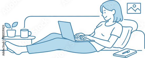 Minimalist Work-from-Home Scene. Woman relaxes on a sofa typing on a laptop while working from home Minimalist flat line vector
